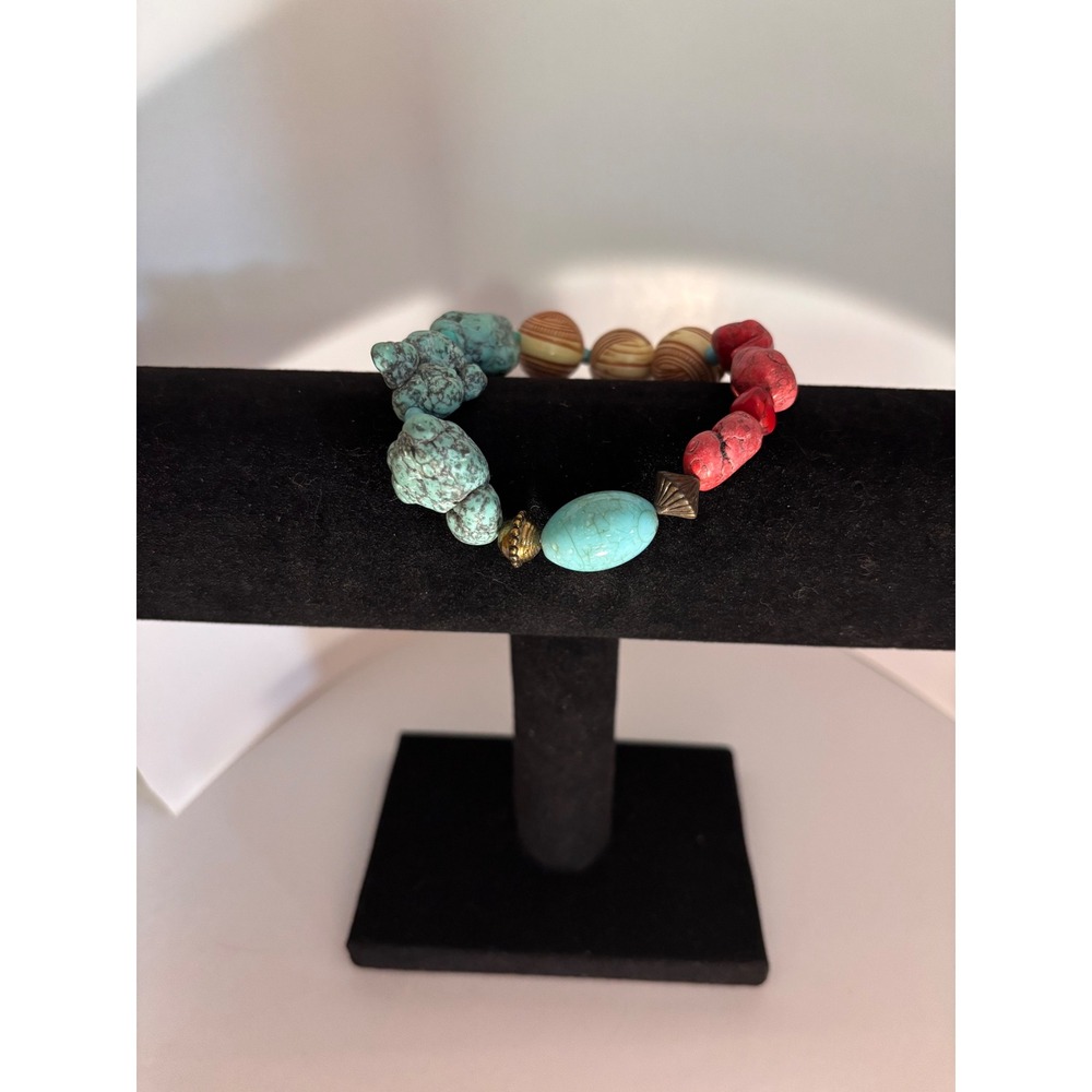 Boho Chunky Beaded Stretch Bracelet Turquoise Wood Red Stone Statement Jewelry